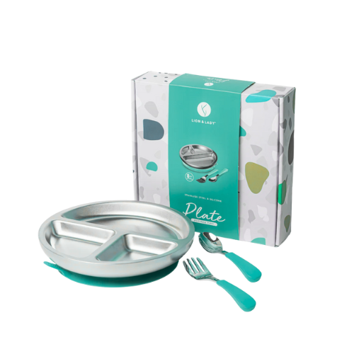 Lion and Lady Stainless Steel Plate with Suction Base and Cutlery