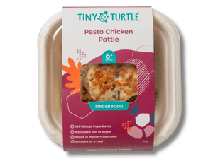 Pesto Chicken Patty packaging with 'Tiny Turtle' branding on a white background