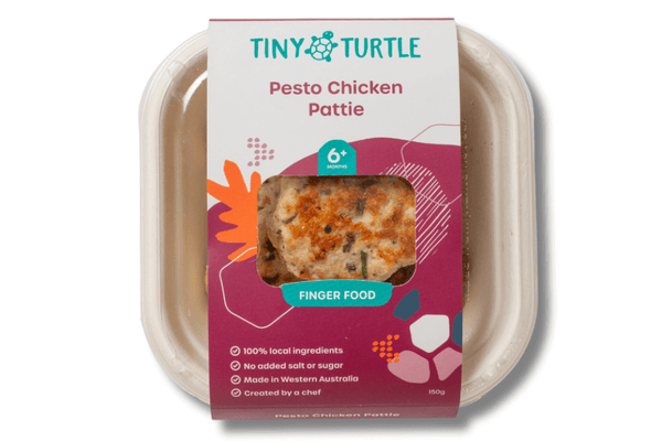 Pesto Chicken Patty packaging with 'Tiny Turtle' branding on a white background