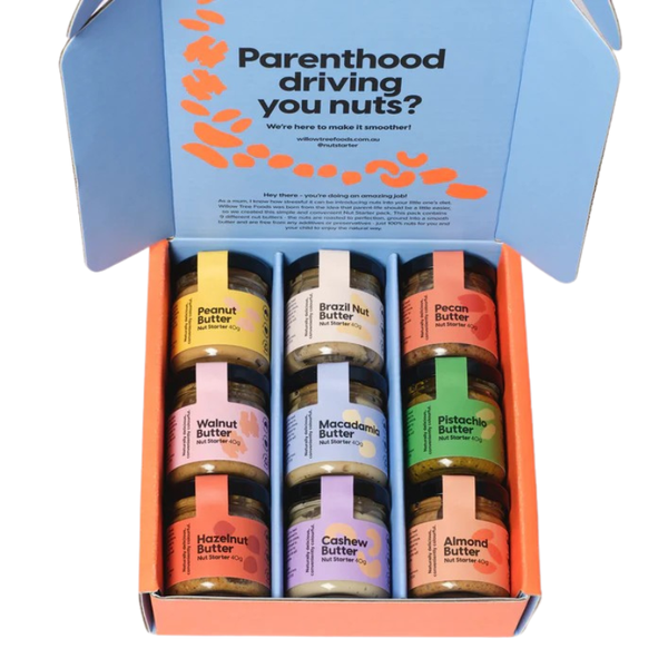 Box of various nut butters with a humorous label on a white background