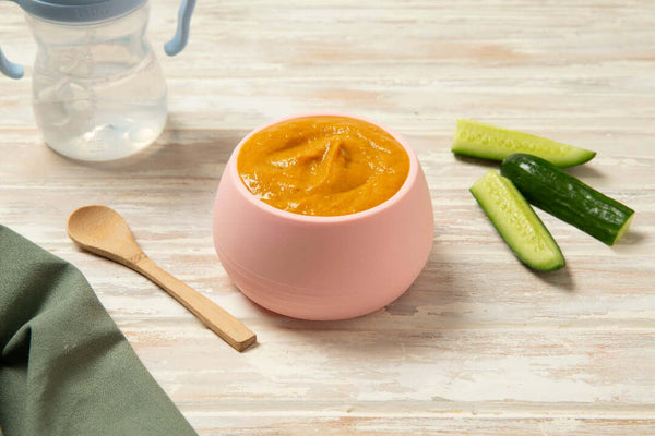 Baby Food Mild Chicken Puree in pink bowl