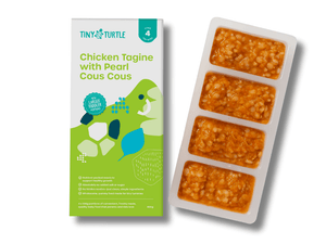 Tiny Turtle baby food packaging with chicken tagine and pearl couscous on a white background