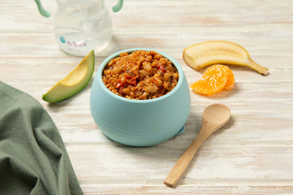 Greek Chicken Tomato Risoni  in blue Bowl