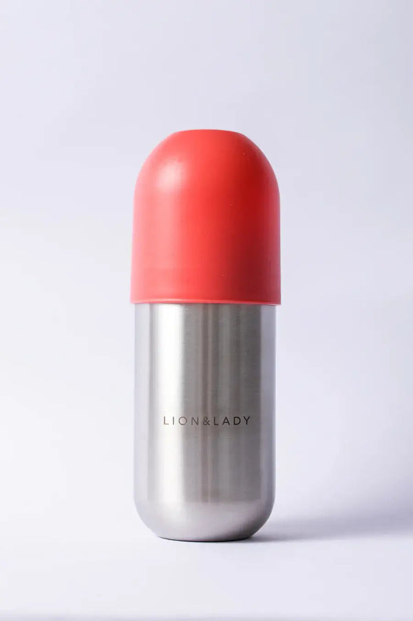 Lion and Lady stainless steel straw cup, 350ml, with red lid, perfect for toddler hydration on the go.