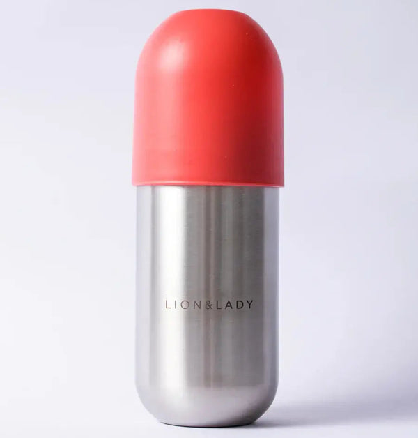 Lion and Lady stainless steel straw cup, 350ml, with red lid, perfect for toddler hydration on the go.