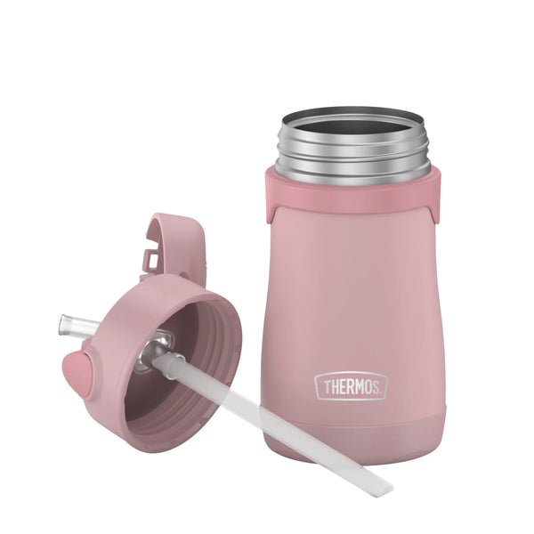 Pink thermos bottle with straw lid on a white background