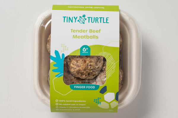 Tiny Turtle Tender Beef Meatballs baby finger food pack with 5 meatballs, suitable for babies 6+ months, made with local ingredients.