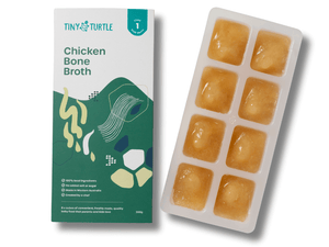 Tiny Turtle Chicken Bone Broth packaging with broth cubes on a white background