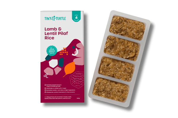 Tiny Turtle toddler food packaging with lamb and lentil pilaf rice on a white background
