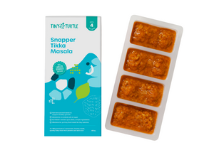 *NEW* Snapper Tikka Masala packaging with four portions of baby food for toddlers featuring chunky curry sauce.