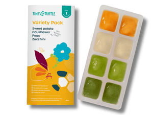 Start Solids for $45 - Tiny Turtle Variety Pack with purees of sweet potato, cauliflower, peas, and zucchini.