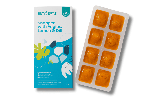 Tiny Turtle snack packaging with orange snack shapes and a blue label on a white background