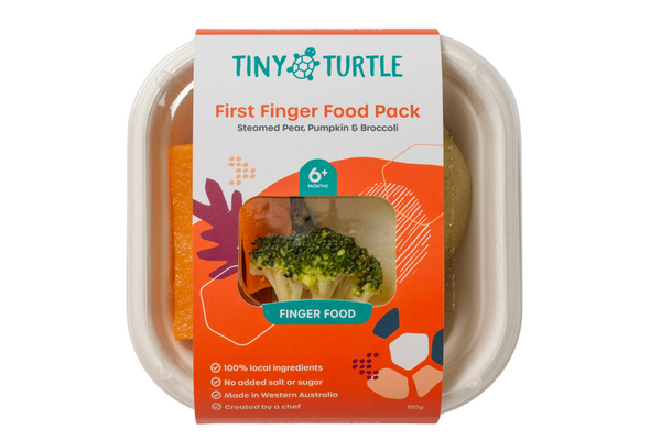 Tiny Turtle first finger food pack with broccoli on a white background