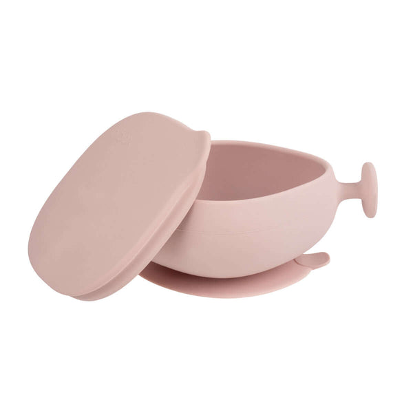 Bbox silicone suction bowl with lid in soft pink color, perfect for independent toddler feeding.