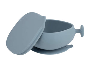 Bbox silicone suction bowl with lid in soft blue, perfect for independent eating. Strong suction and ergonomic design.