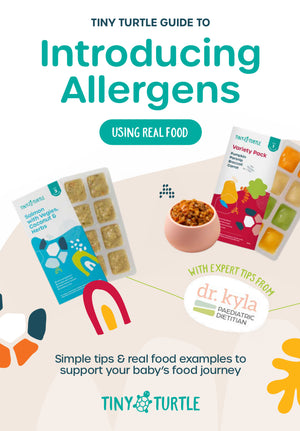 Book cover of 'Tiny Turtle Guide to Introducing Allergens' with food packaging with Dr Kyla on a white background.