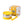 Yellow and silver bowl with lid and spoon next to its packaging on a white background