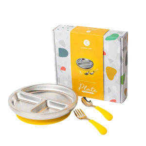 Children's plate, fork, and spoon set with packaging on a white background