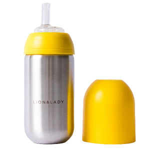 Sippy cup with yellow lid and base on a white background