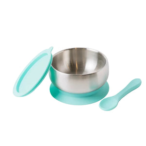 Stainelss Steel bowl with turquoise lid and spoon on a white background