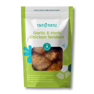 A stand-up pouch of Tiny Turtle Garlic & Herb Chicken Tenders on a plain white background. The packaging is lime green and white with a clear window showing the chicken tenders inside.