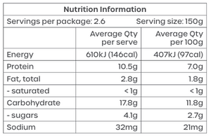 A nutrition information table showing serving size 150g and average quantities per serve and per 100g for energy, protein, fat, saturated fat, carbohydrate, sugars, and sodium.