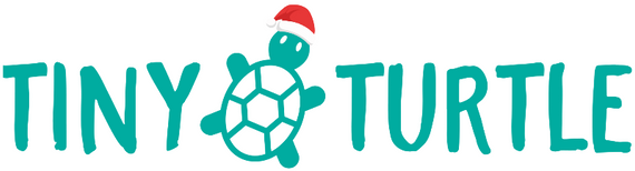 Logo of 'Tiny Turtle' with a turtle illustration and a red hat on a white background