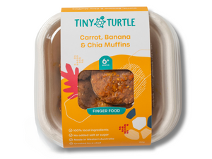 Tiny Turtle muffin packaging with carrot, banana, and chia ingredients on a white background