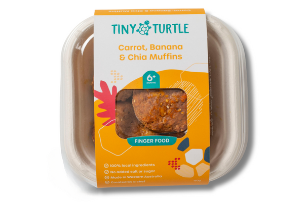 Tiny Turtle muffin packaging with carrot, banana, and chia ingredients on a white background