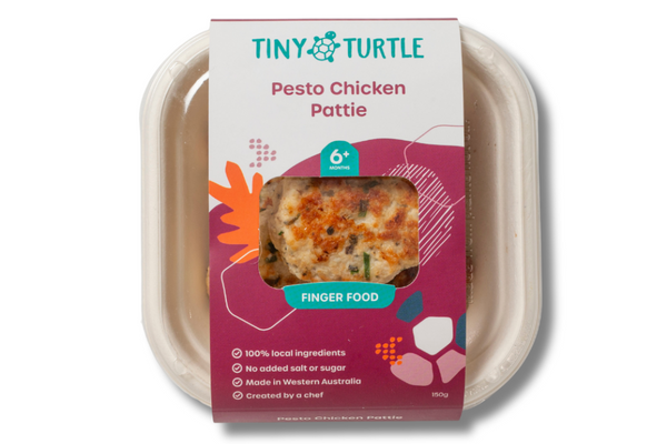 Pesto Chicken Patty packaging with 'Tiny Turtle' branding on a white background