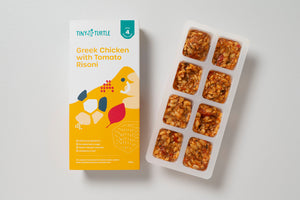 Tiny Turtle Greek Chicken with Tomato Risoni baby food with packaging and tray of 8 frozen portions