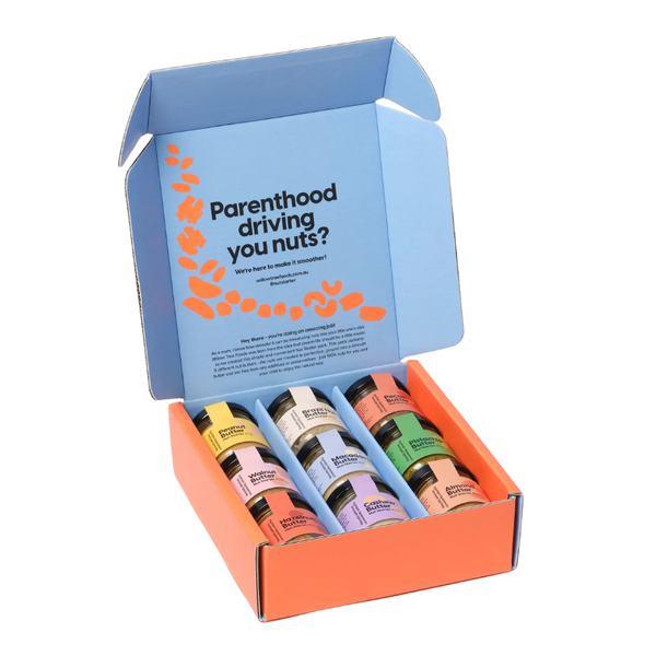 Box of nut butter jars with a humorous message on a white background