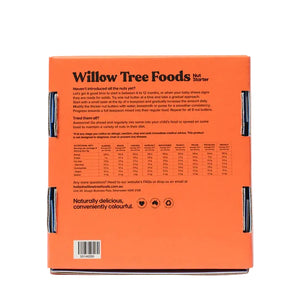 Back of an orange Willow Tree Foods packaging with text and product details.