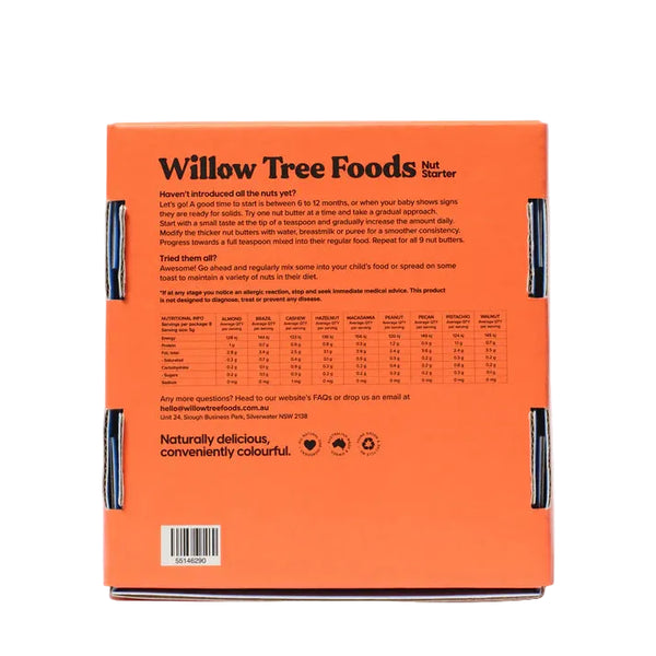 Back of an orange Willow Tree Foods packaging with text and product details.