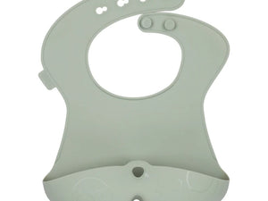 Bbox silicone bib in soft green with deep pocket for catching food, made from non-toxic, food-grade silicone.