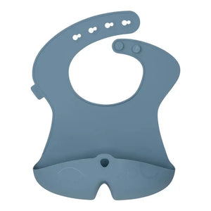 Bbox Silicone Bib in soft gray, featuring a deep pocket to catch food and liquids, perfect for messy mealtimes.