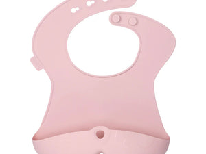 Pink silicone bib with deep pocket for catching food and liquids, perfect for keeping baby clean during mealtimes.