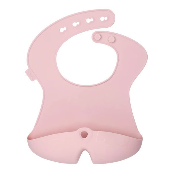 Pink silicone bib with deep pocket for catching food and liquids, perfect for keeping baby clean during mealtimes.