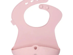 Pink silicone bib with deep pocket for catching food and liquids, perfect for keeping baby clean during mealtimes.