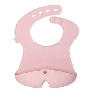 Pink silicone bib with deep pocket for catching food and liquids, perfect for keeping baby clean during mealtimes.
