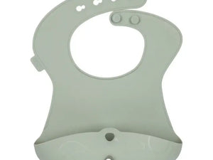 Bbox silicone bib in soft green with deep pocket for catching food, made from non-toxic, food-grade silicone.