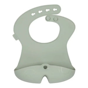 Bbox silicone bib in soft green with deep pocket for catching food, made from non-toxic, food-grade silicone.