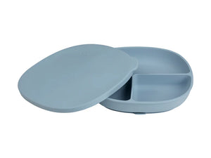 Bbox silicone plate and lid in blue, featuring 3 divided sections for toddlers' meals, ideal for independent eating.