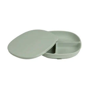 Bbox silicone plate with lid in soft green, featuring three divided sections for toddler meals and snacks.