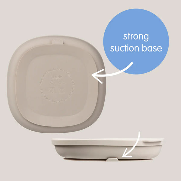 Bbox silicone plate showcasing strong suction base for mess-free mealtime with toddlers.