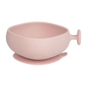 Bbox silicone suction bowl in soft pink with handle and lid, perfect for independent toddler feeding.