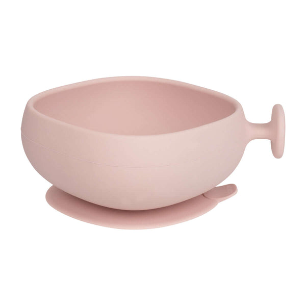 Bbox silicone suction bowl in soft pink with handle and lid, perfect for independent toddler feeding.