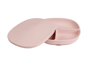 Bbox silicone plate and lid in soft pink, featuring three sections and non-slip suction base for toddlers.