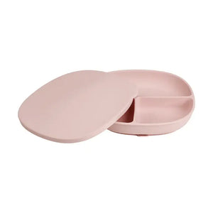 Bbox silicone plate and lid in soft pink, featuring three sections and non-slip suction base for toddlers.
