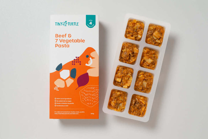 Tiny Turtle Beef and 7 Vegetable pasta in packaging